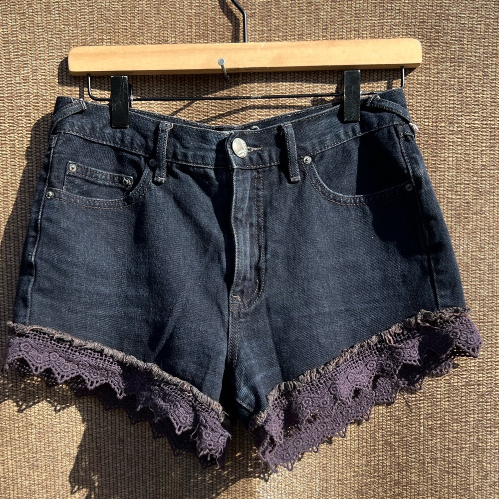 Free People High Rise Lace Trim Black Denim Shorts Sz 26